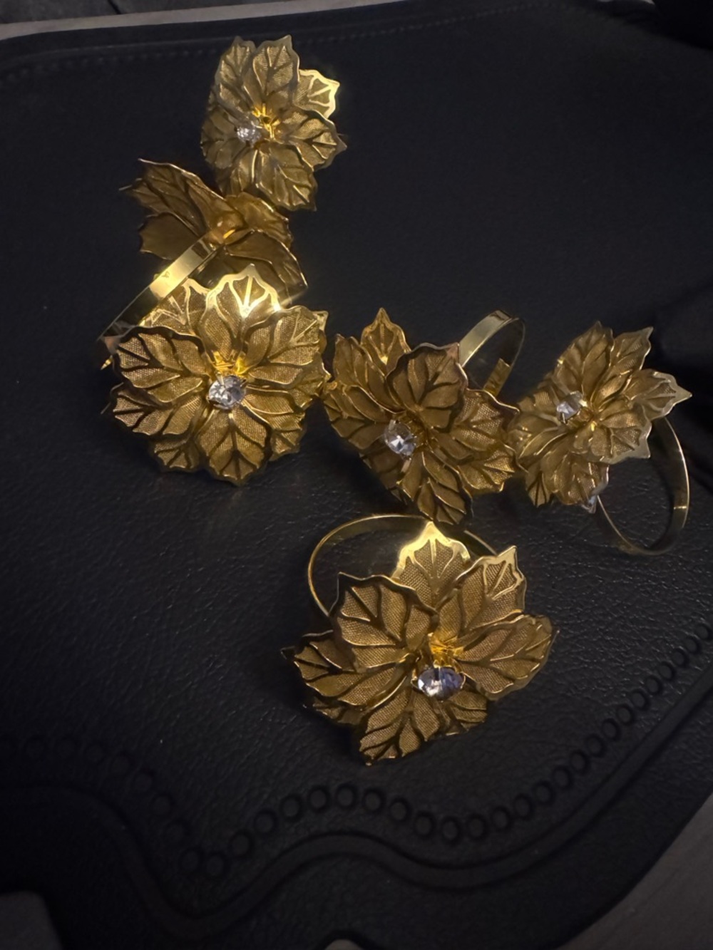 Gold Floral Leaf Cocktail Ring with Clear Stone Accent - Women Jewelry